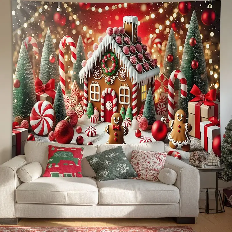 VIKAMA Red Curtain Snow Scene Christmas Tapestry, Elegant Wall Hanging Background Cloth for Dramatic Living Room Decor