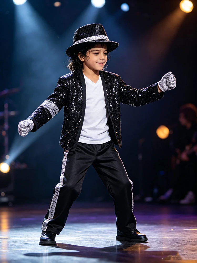 Kinder Hip-Hop-inspirierter Popstar-Paillettenanzug mit komplettem Zubehör: Hut, Handschuhe, Sonnenbrille für Halloween-Bühnen-Rollenspiele – Detail 14