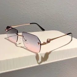 Vintage Fashion Rimless Irregular Sunglasses Women For Men Luxury Brand Designer Steampunk Sun Glasses Metal Leopard Shade UV400