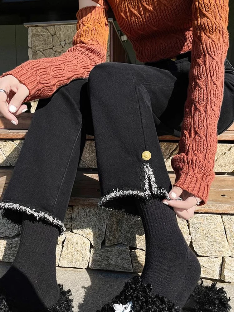 

High Waist Straight Leg Jeans Women's plus Size Loose Fit Split Ankle-Length Denim Pants Korean Sle Casual Cotton Blend