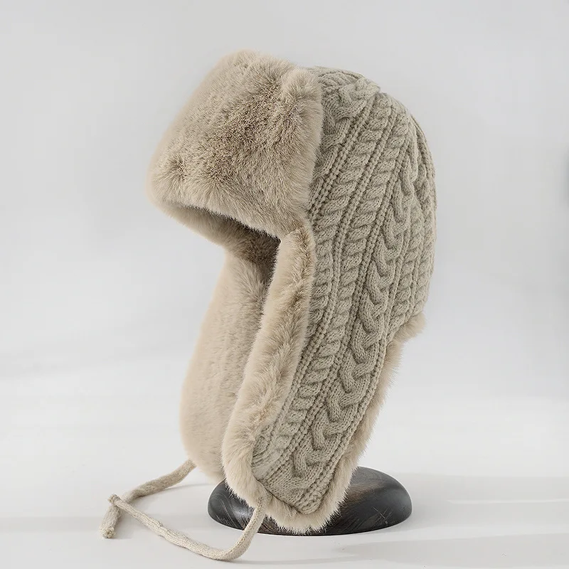 Sombrero de lana Feng para mujer, gorro de felpa multiusos, protección térmica engrosada, diseño de cordón, gorro Baotou frío, invierno, nuevo