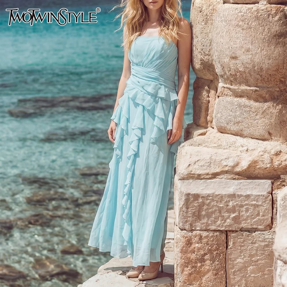 

TWOTWINSTYLE Solid Slimming Spliced Ruffles Fold Dress for Women Strapless Sleeveless Patchwork Mesh Midi Dresses Female Elegant