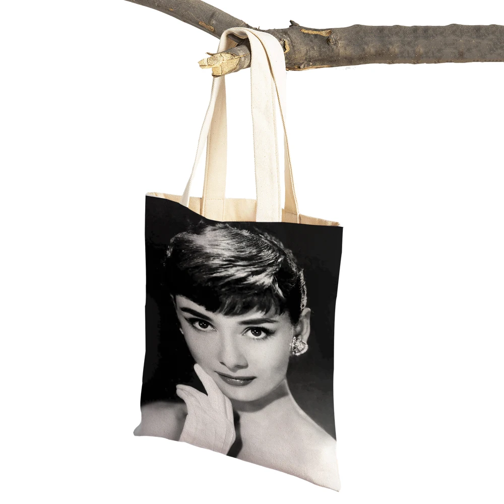 Elegant Audrey Hepburn Celebrity Retro Women Shopper Bags Casual Canvas Lady Shopping Bag Supermarket Travel Tote Handbag