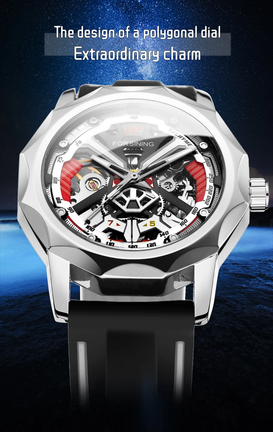 FORSINING Luxury Men's Watches Polygon Case Skeleton Mechanical Manual Movement Luminous Waterproof Silicone Strap Trendy Clock