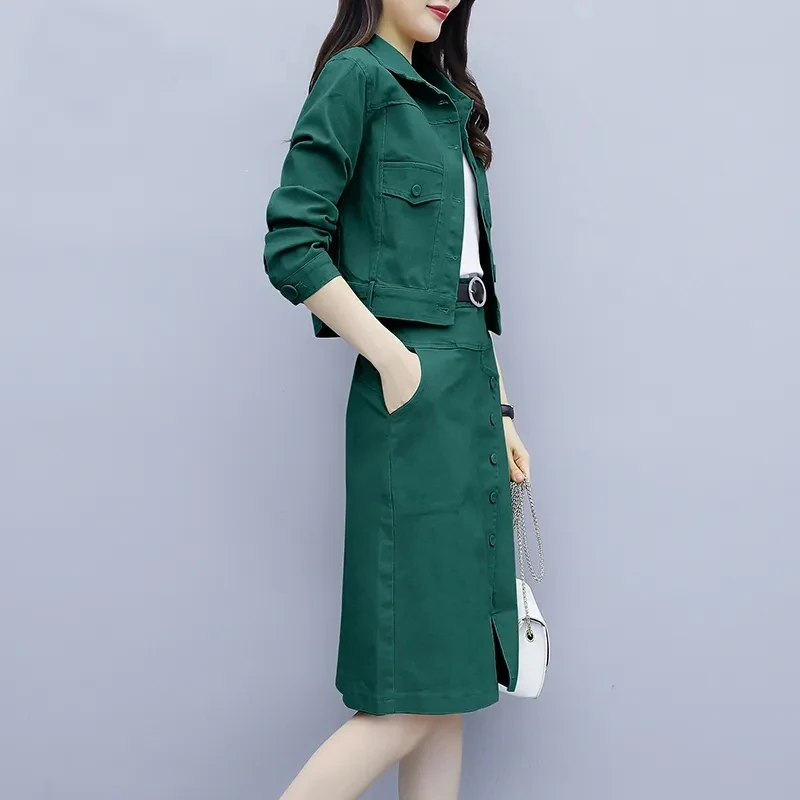 Fashion Slim Spring Skirt 2 Piece Set Casual Short Jacket + Vintage Split Belt Midi Straight Faldas Ensembles Korean Conjuntos