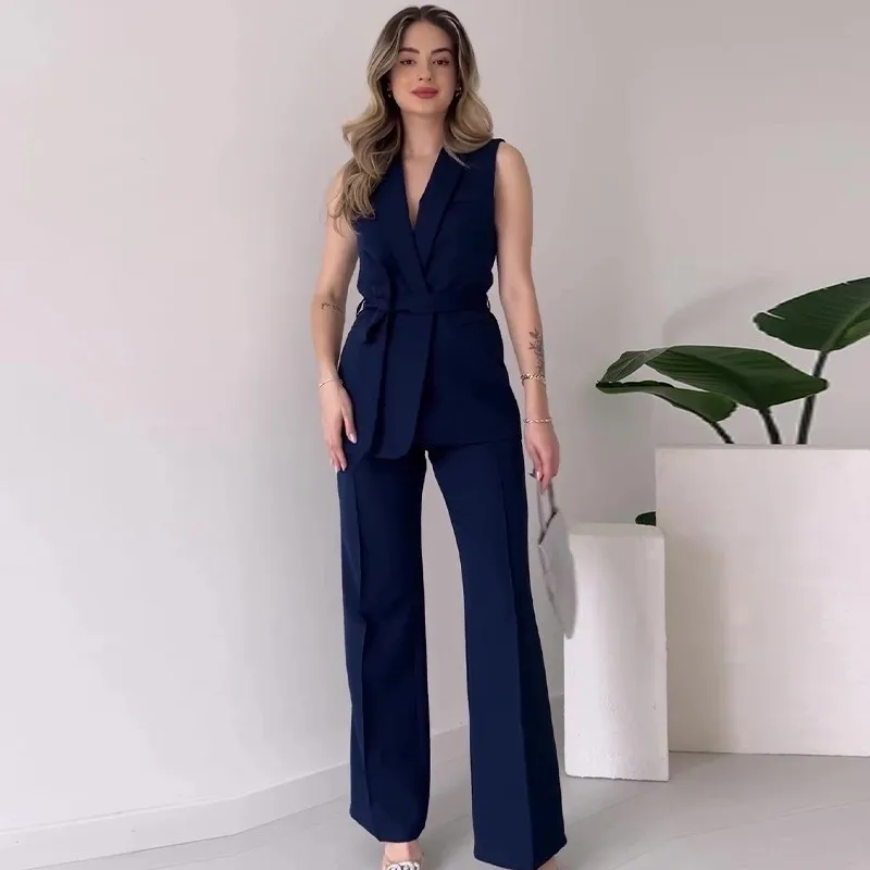 Elegant Office Lady Two Piece Sets Turn Down Neck Sleeveless Top With Long Pants Suit Autumn Solid Slim Set Women Party Outfit