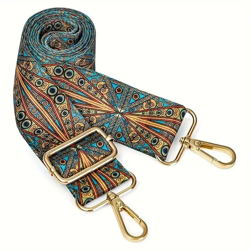 Bohemian Blue Pattern Bag Strap Durable Wide Shoulder Strap with Gold Buckle