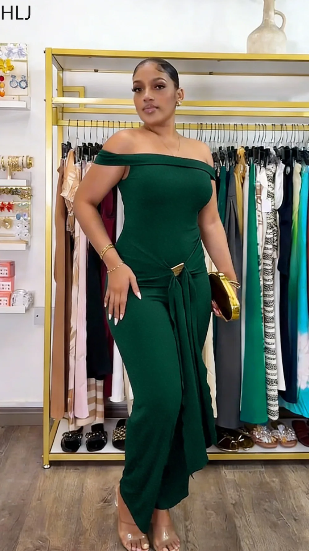 HLJ Fashion Ruched Patchwork Bodycon Jumpsuits for Woman Solid Color Off Showlder Backless Rompers Female Streetwear Overalls