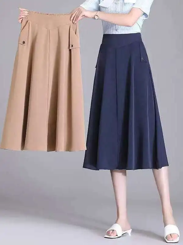 

Юбка миди А-силуэта больших размеров, расклешенная, весна-лето, новый стиль для женщин среднего возраста, скрывающая недостатки фигуры, стройнящая