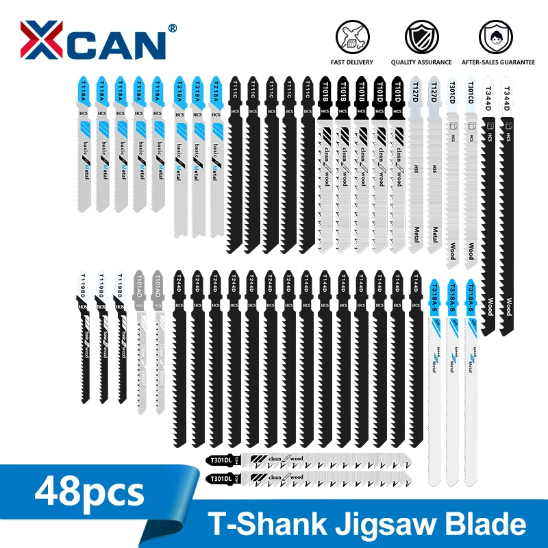 XCAN 48pcs Jigsaw Blades Set T-Shaft HCS Assorted Fast Cut Down Jig Saw Blades for Wood Plastic Metal Cutting Hand Tools