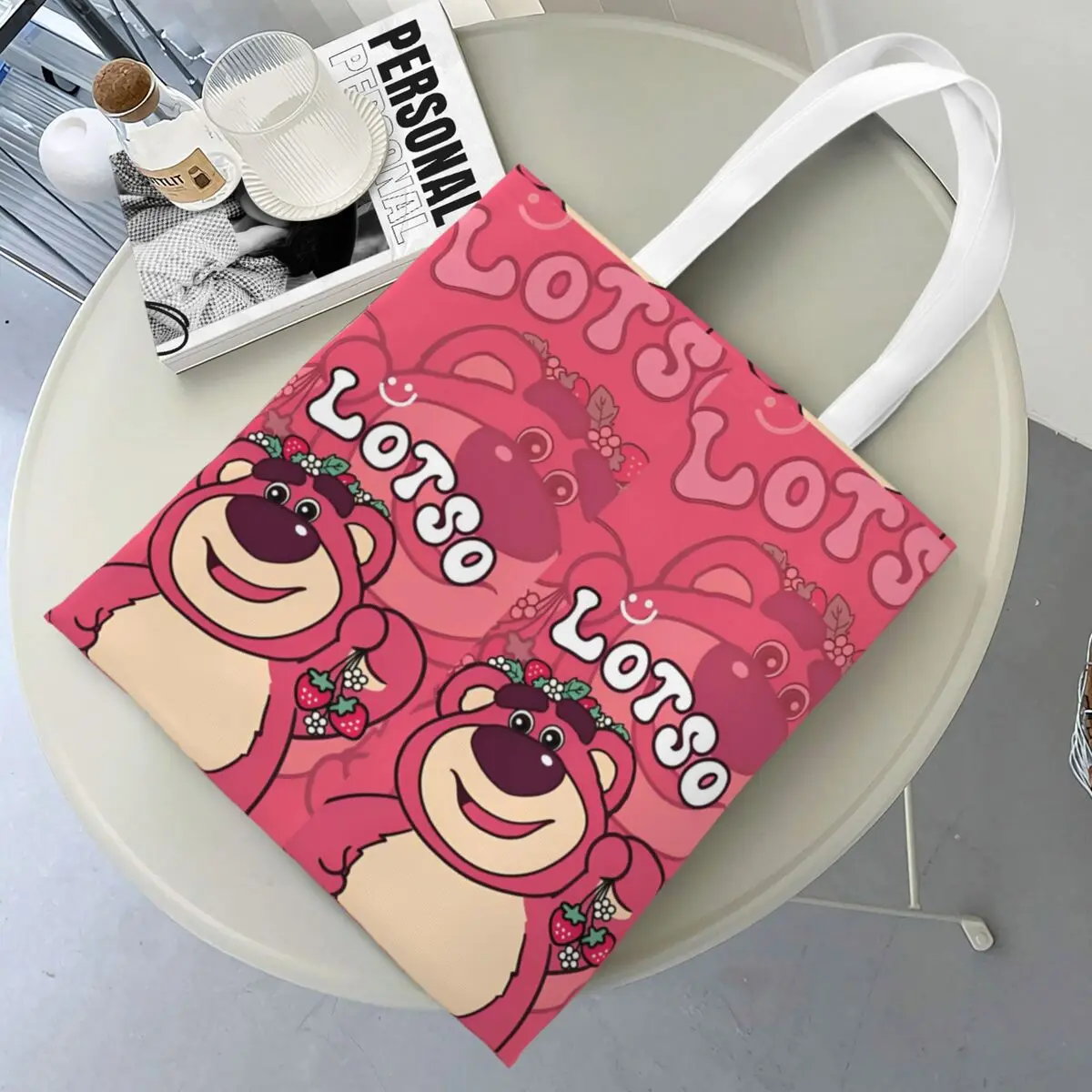 

Lotso Strawberry Bear Toy Story Canvas Tote Handbag Lots-o'-Huggin' Bear Grocery Bags Large Capacity Shopper Bags for Women