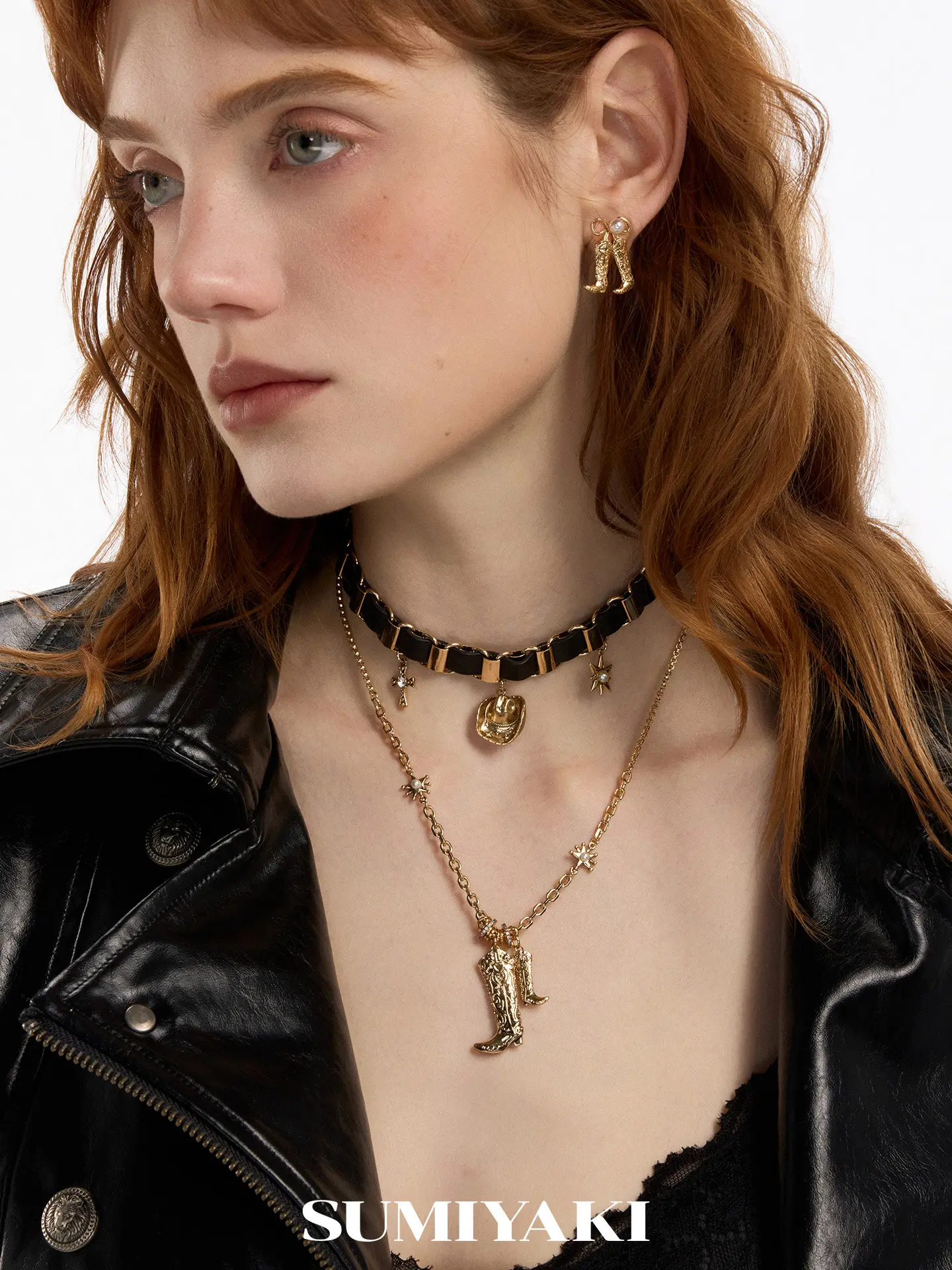 Original SUMIYAKI Equestrian Spirit, Vintage Double Leather Collarbone Chain Medieval Gold Knight Boots Necklace