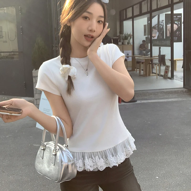 

Chic Round Neck Lace Patchwork T Shirt Women Summer 2025 Short Sleeve White Tshirt Woman Korean Fashiom Slim Fit T Shirts Female