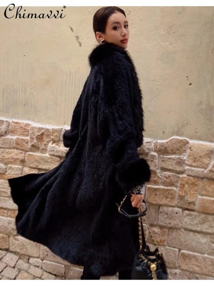 

French Elegant Fashion Socialite Black Faux Fox Fur Coats for Women Overcoats Loose Versatile Plush Warm Long Winter Jackets