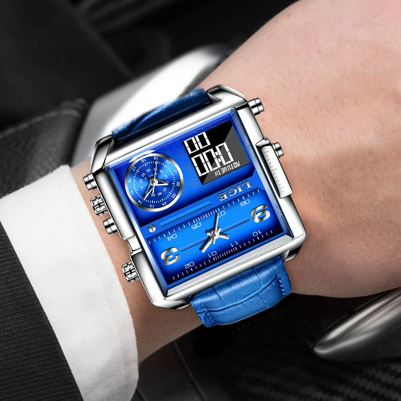 LIGE Mens Watches Fashion Square Blue Leather Strap Calendar Quartz Watches Men LED Digital Dual Display Chronograph Man Watch