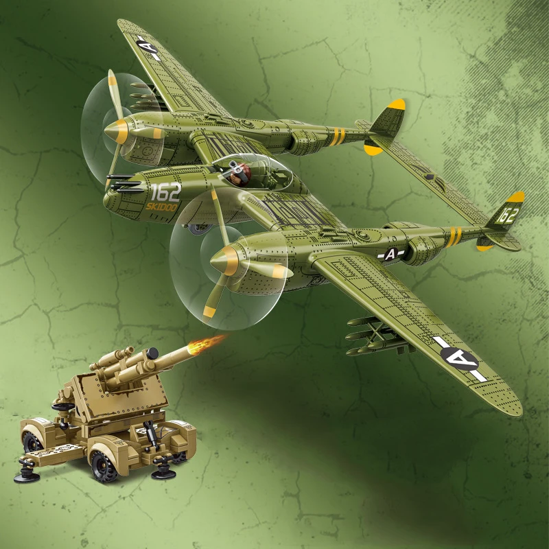 Veicolo militare della guerra mondiale America P-38 Fighter Model Build Block WW2 Army Figure Brick Germany 88mm Anti-aircraft Guns Toys