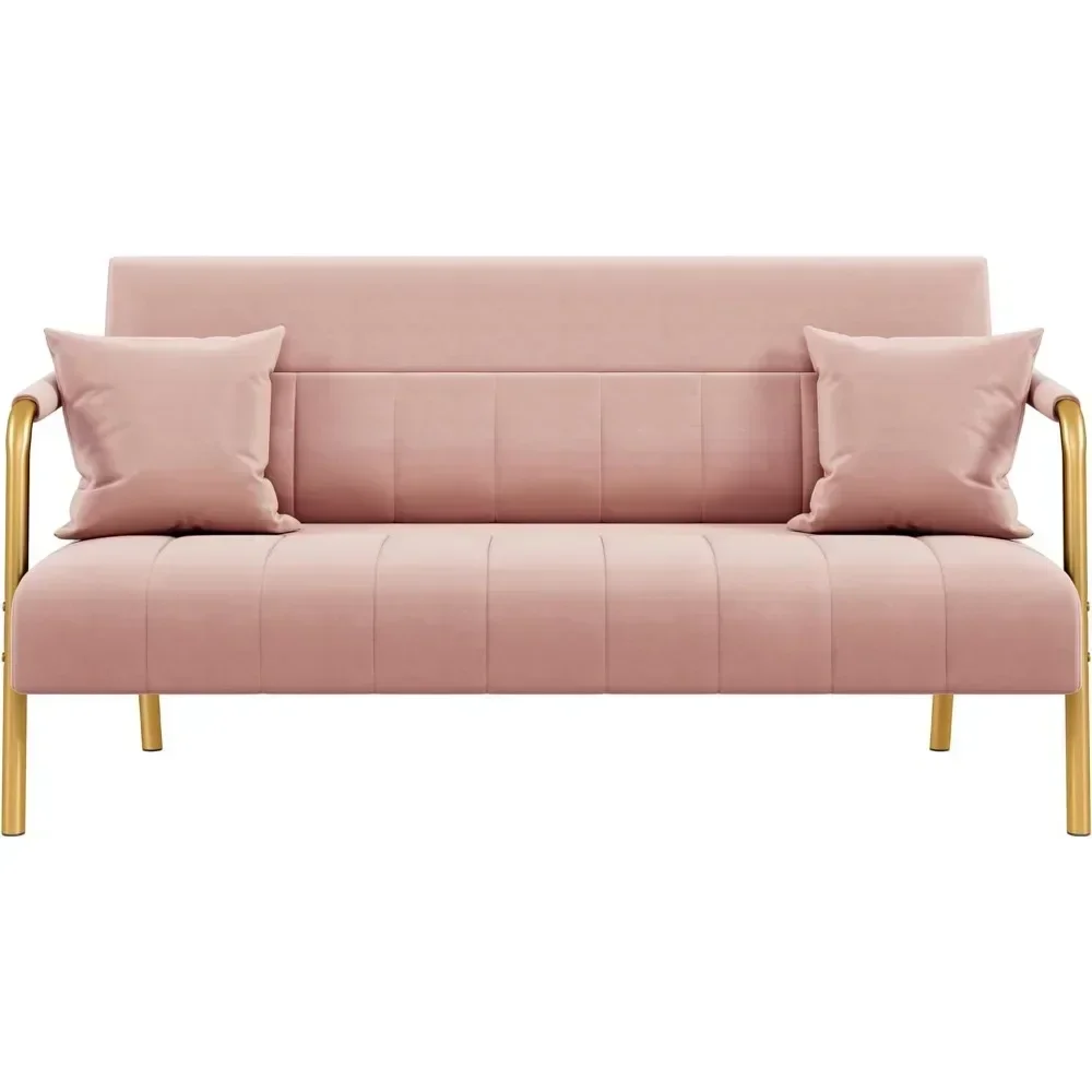 

56.5" W Modern Loveseat 2 Seater Sofa Luxurious Velvet Fabric Couch with Gold-Tone Metal Arms and Legs for Bedroom, Studio Pink