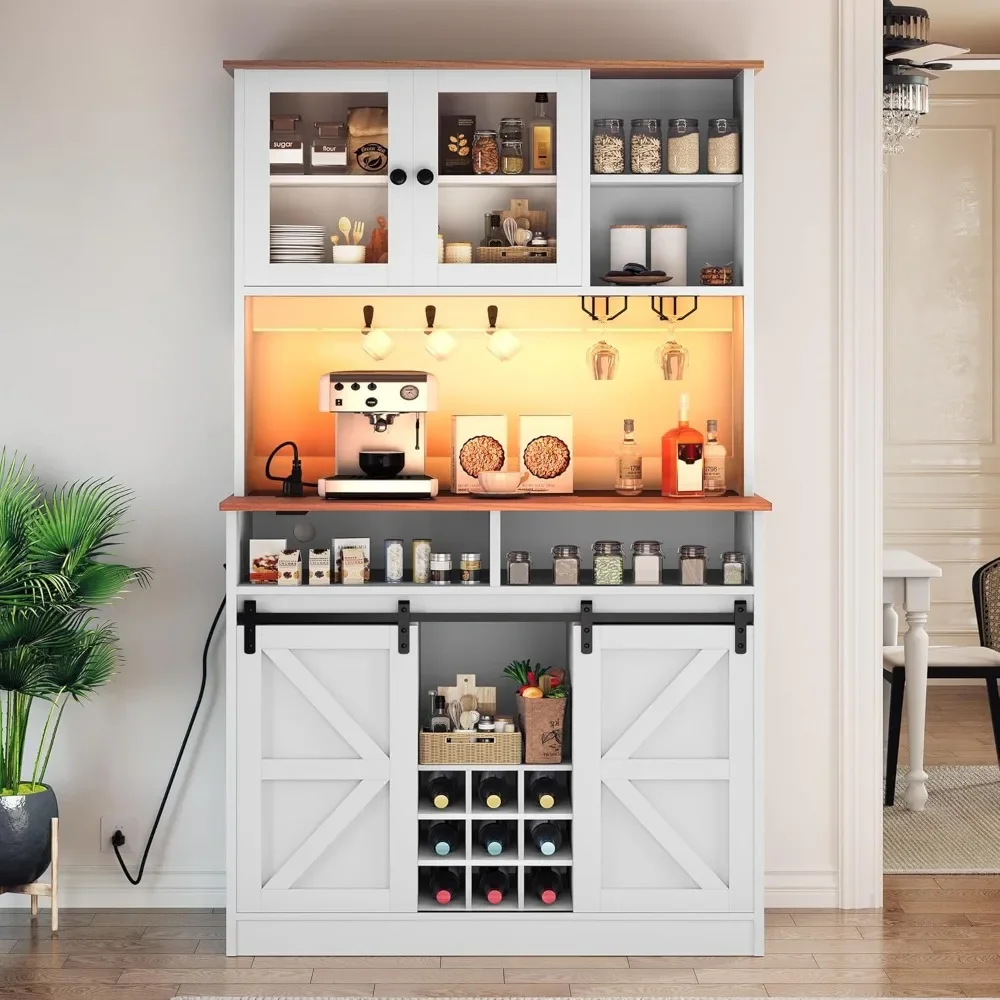 

72"H Wine Cabinet with Sliding Barn Door, Power Outlet, Wine Glass Rack, LED Light Strip, Buffet Sideboard Cabinets, Bar Cabinet