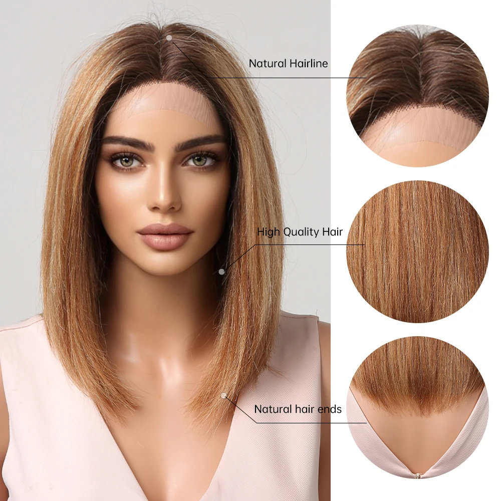 HAIRCUBE Honey Brown Human Hair Wigs for Women Straight Short Bob Lace Front Wigs Blonde Highlights Colored 13x1 T Part Lace Wig