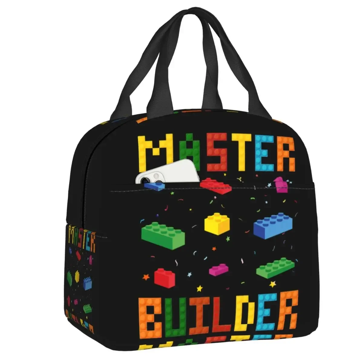 Custom Brick Builder Blocks Master Builder Insulated Lunch Tote Bag for Women Resuable Cooler Thermal Food Lunch Box Children