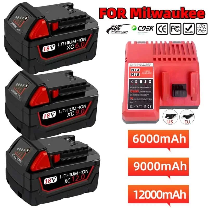

New For Milwaukee M18 Power Tool Battery, Charger, BR, XC, 18V, 6000mAh-12000mAh M18B5, 48-11-1860, Built-in 18650 10C Battery
