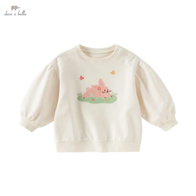 Dave Bella 2025 Spring Girls Baby Hoodie Casual Lovely Cartoon Rabbit Print Children's Long Sleeve Top Gentle Outdoor DB1251017