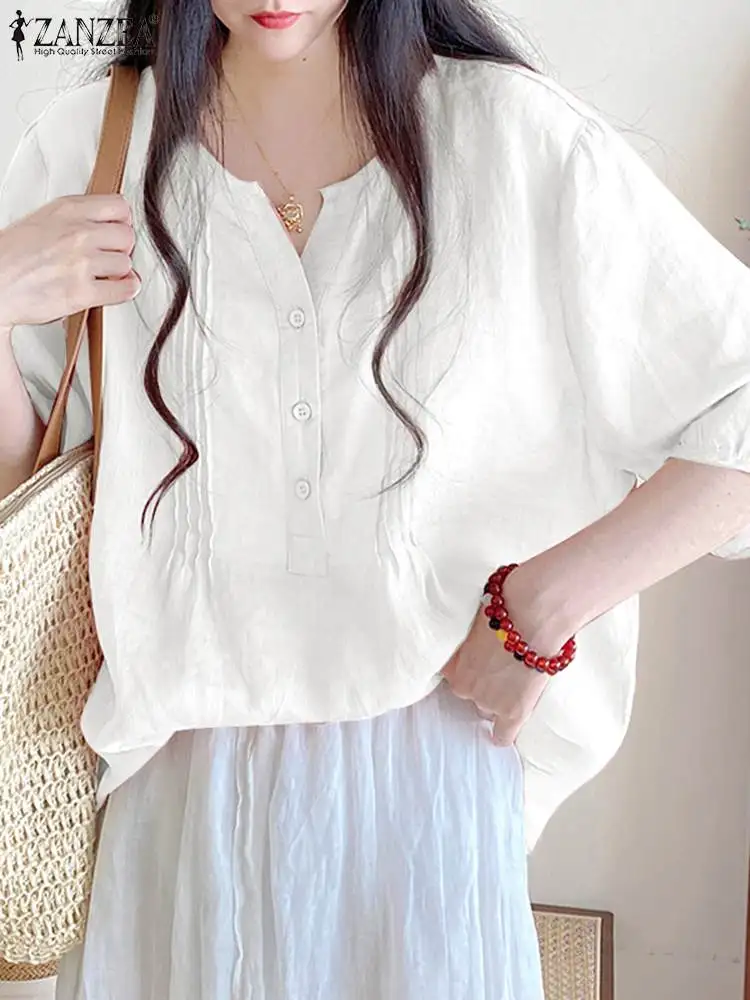 

ZANZEA Solid 3/4 Puff Sleeve Shirt Tops Pleated O Neck Casual Loose Cotton Blouses Women 2024 Summer Korean Fashion Blusas Mujer