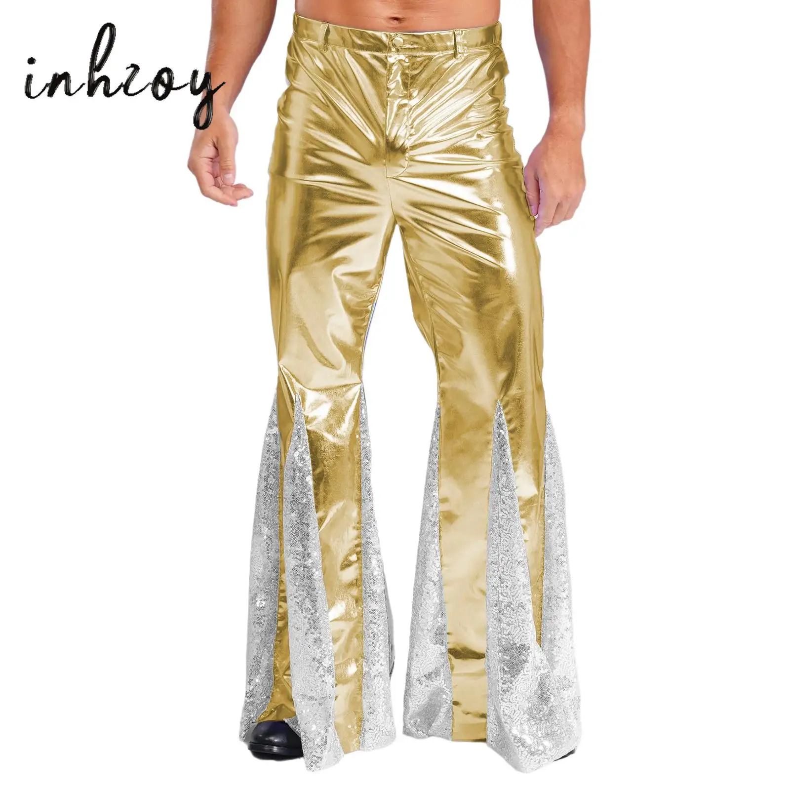 

Men‘s 70s Disco Pants Hippie Vintage Costume Shiny Metallic Sequins Bell Bottoms Flared Pants Dance Party Nightclub Performance