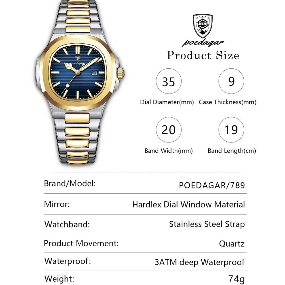 POEDAGAR Роскошные квадратные часы для женщин из нержавеющей стали, светящиеся водонепроницаемые женские часы с датой, элегантные женские кварцевые часы