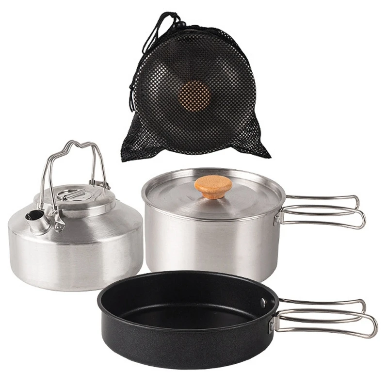 

Stainless Steel Kitchen Set Camping Pot, Pans and Kettle Kits Travel Picnics Set Dropship