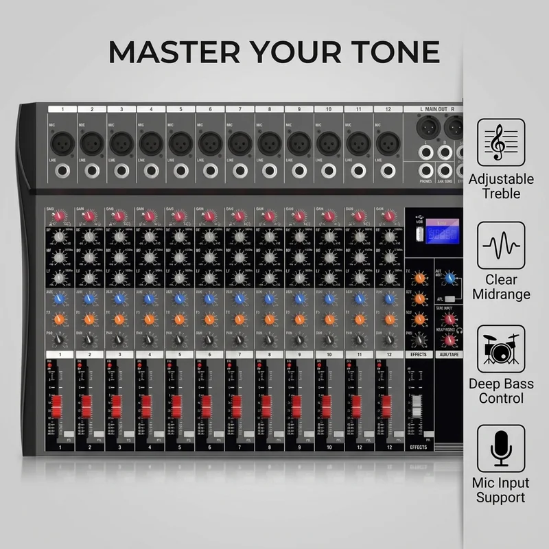 NXG CT120 Professional 12-Channel Mixer Console | USB, XLR, RCA Input & Output, Equalizer & Monitoring, Ideal for Events, Recording, Live Sound Reinforcement And Multi-Functional Connectivity