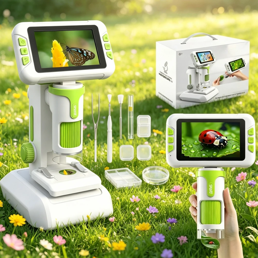 Microscopio 1600X para Niños, Pantalla IPS de 4.0 Pulgadas 1080P, Microscopio Infantil con Grabación de Fotos y Vídeos, Set de Experimentos Científicos para Niños y Niñas