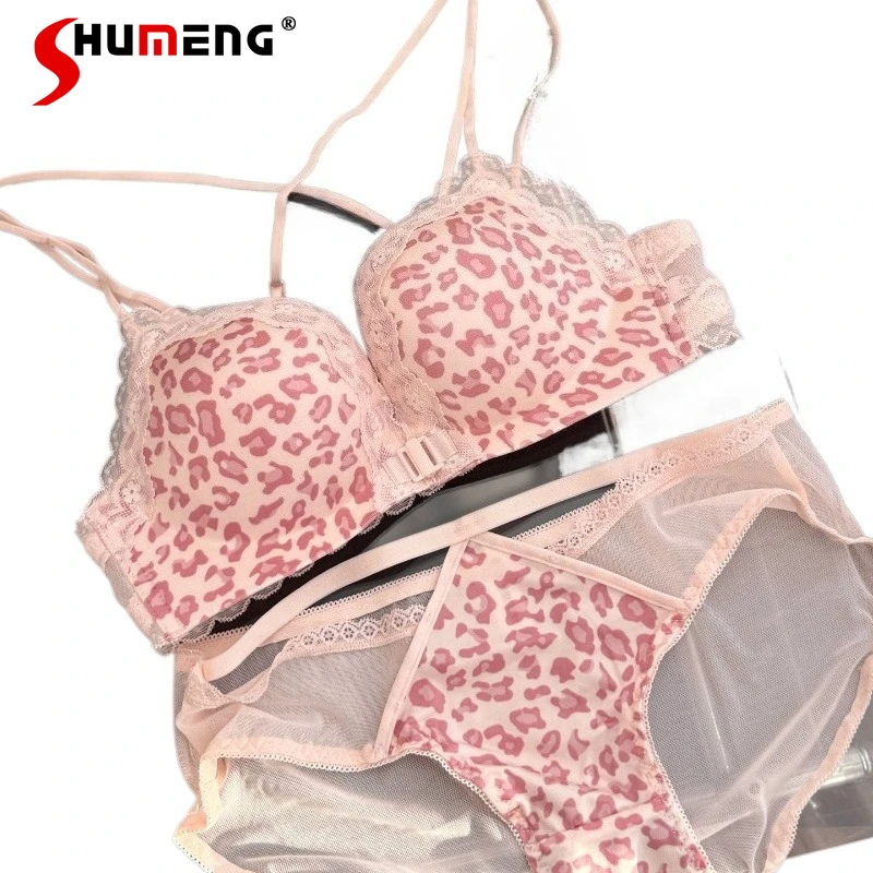 

Pink Leopard Print Bra Set for Women with Small Busts Sexy and Beautiful Back Brief Suits Female Japanese Style Intimates