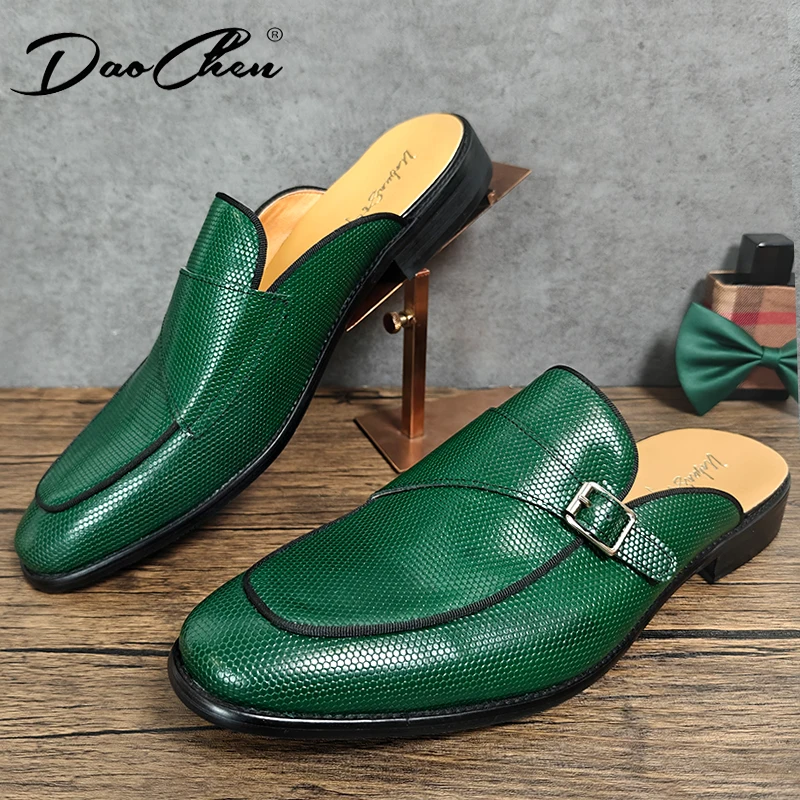 Casual Leather Mules Half Shoes For Men Fur Shoes Designer Luxury Fashion Green Mens Footwear Slides Slippers Sandals Summer