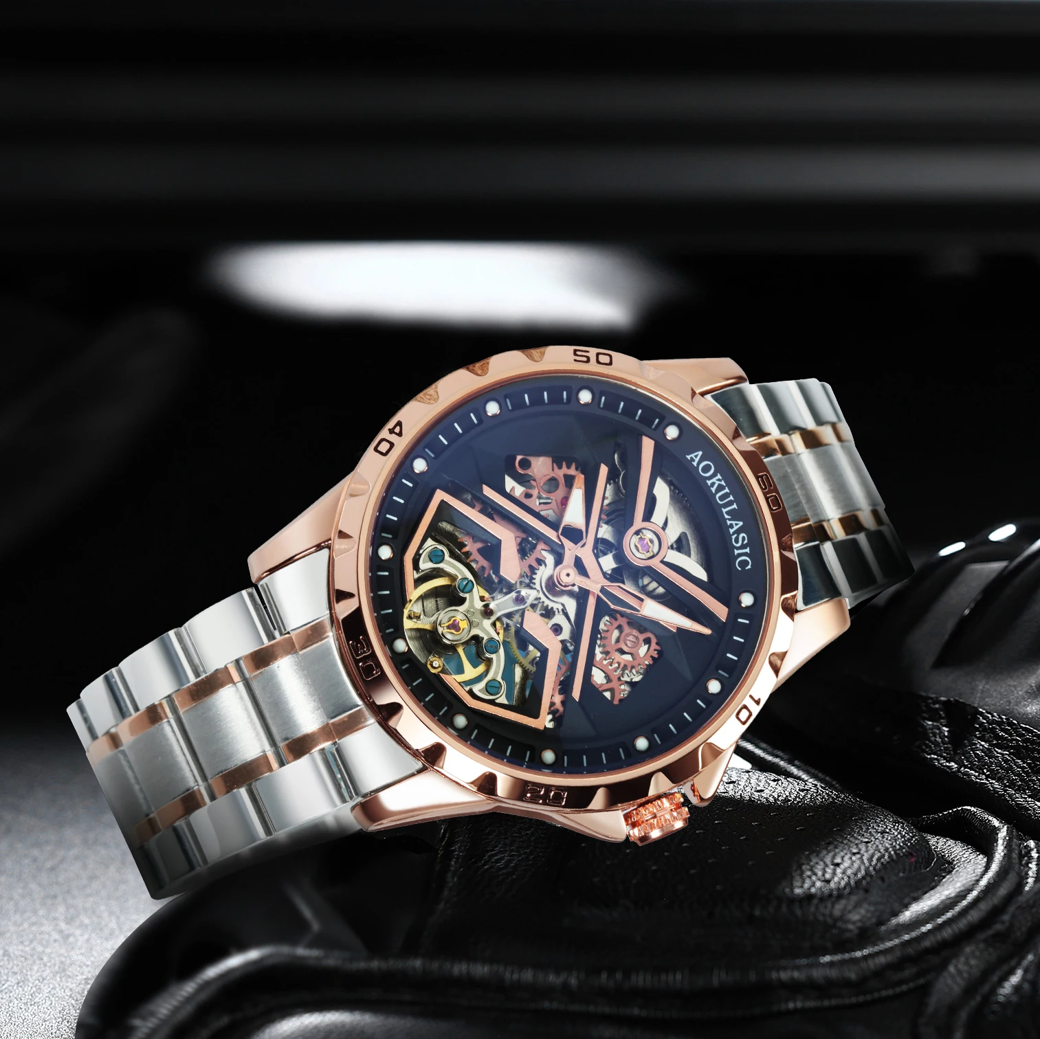 Fashion Tourbillon Skeleton Mechanical Watches Luminous Hands Rose Gold Automatic Watch for Men Steel Leather Strap AOKULASIC