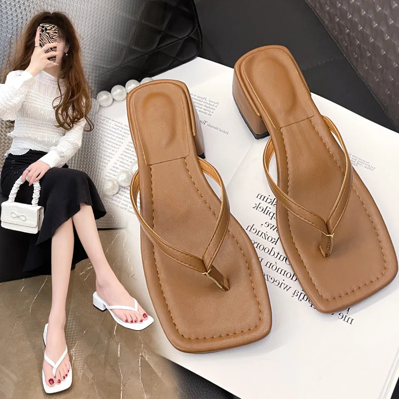 Toe Clip Women Flip Flops 2023 Summer New Fashion Casual Square Head Thick Heel Non-slip Beach Shoes Slippers for Women