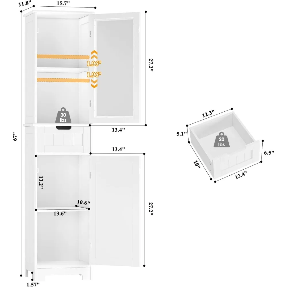 خزانة حمام طويلة بطول 67 بوصة، خزانة حمام من الكتان قائمة بذاتها مع أبواب ورف قابل للتعديل، أرضية مطبخ ضيقة