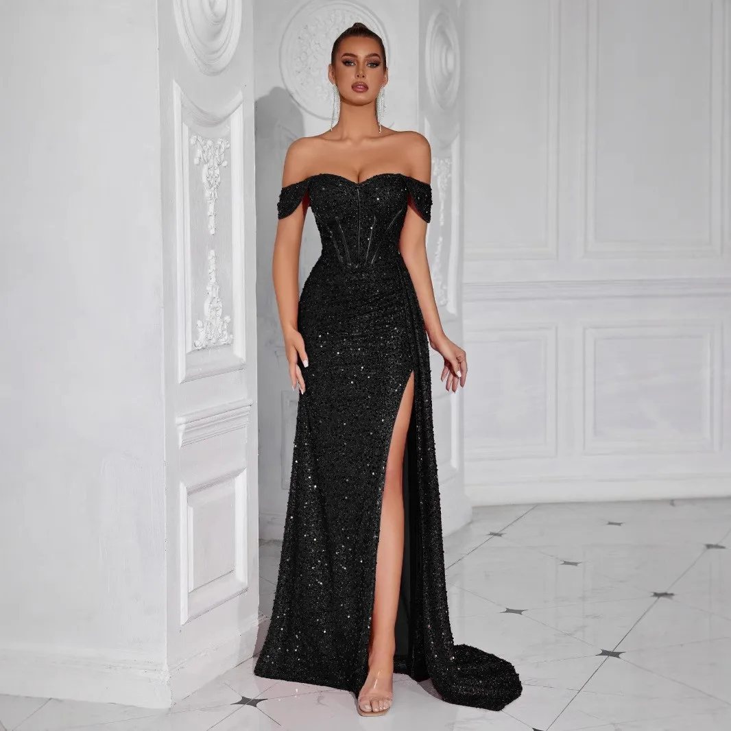 Women's Elegant Off Shoulder Long Bodycon Dress for Wedding Guest Party Prom Evening Sequin High Slit Sleeveless Solid Color
