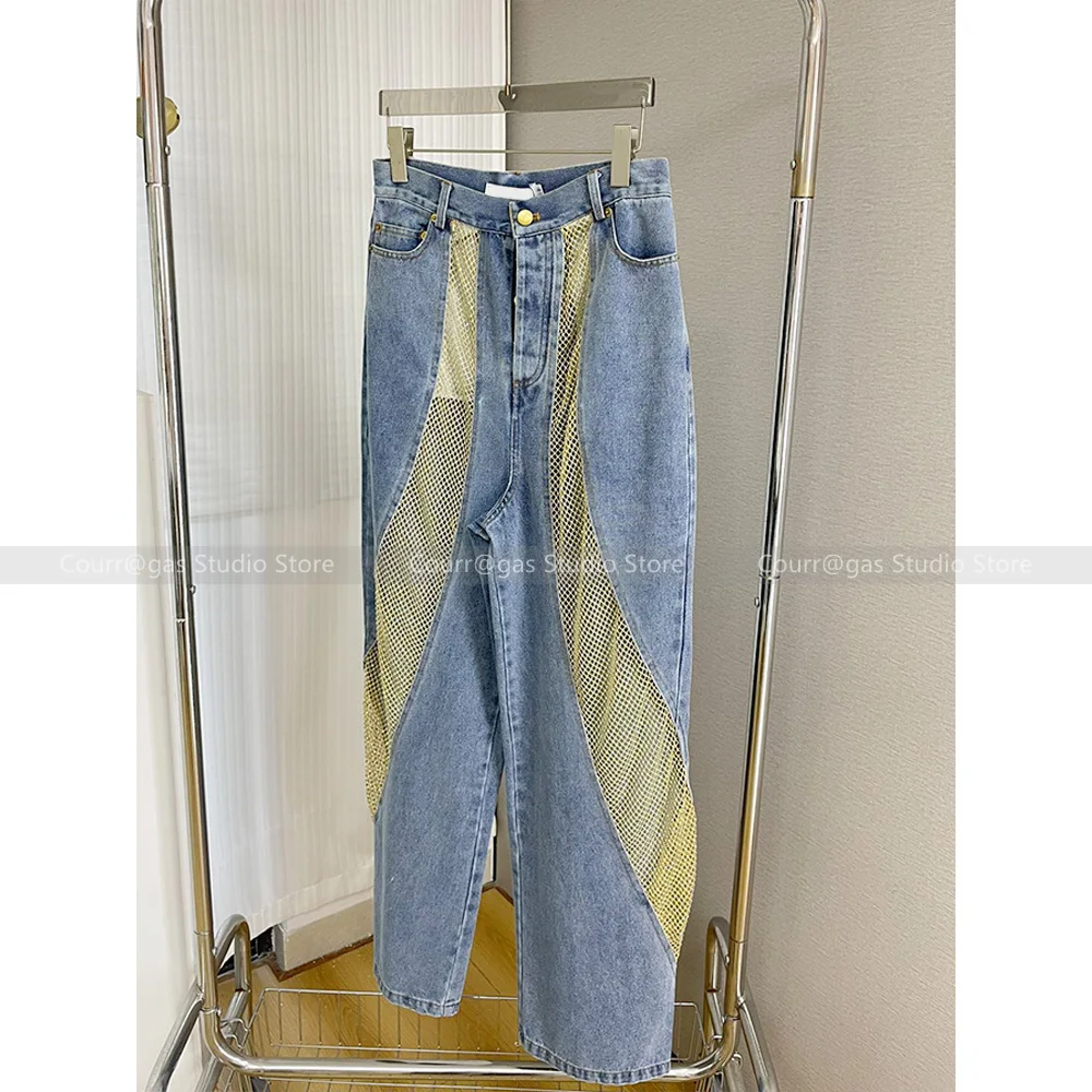 Summer drill mesh decorated small sexy hollow irregular spicy girl style straight jeans trousers female