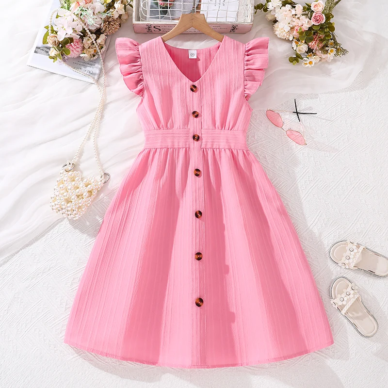 Kids Dresses for Girls 8-12 Years Pink Small Flying Sleeves V-Neck Dress 2024 New Summer Teenager Sweet Casual Daily Dress