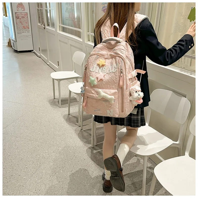 1pcs Color Line Texture Plush Star Decor  Wear-resistant Nylon Student Backpack Sweet Girls Large Capacity School Book Bag