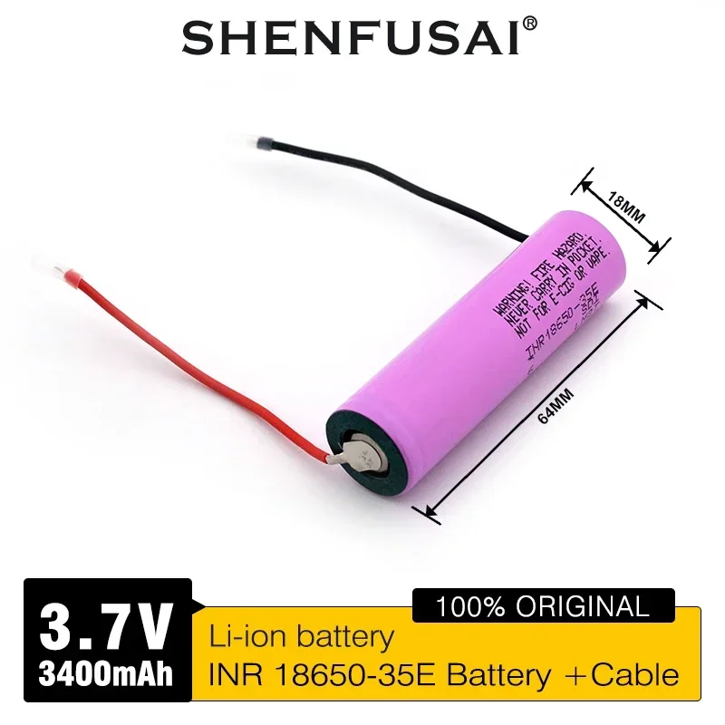 Lithium ion rechargeable battery 18650 35E 3.7V 3400mAh high power discharge 25A high current DIY silicone wire