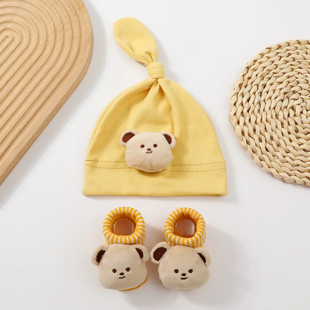 

Мягкая дышащая вязаная детская шапочка и носки с плюшевыми ушками животных — шапочка для новорожденных