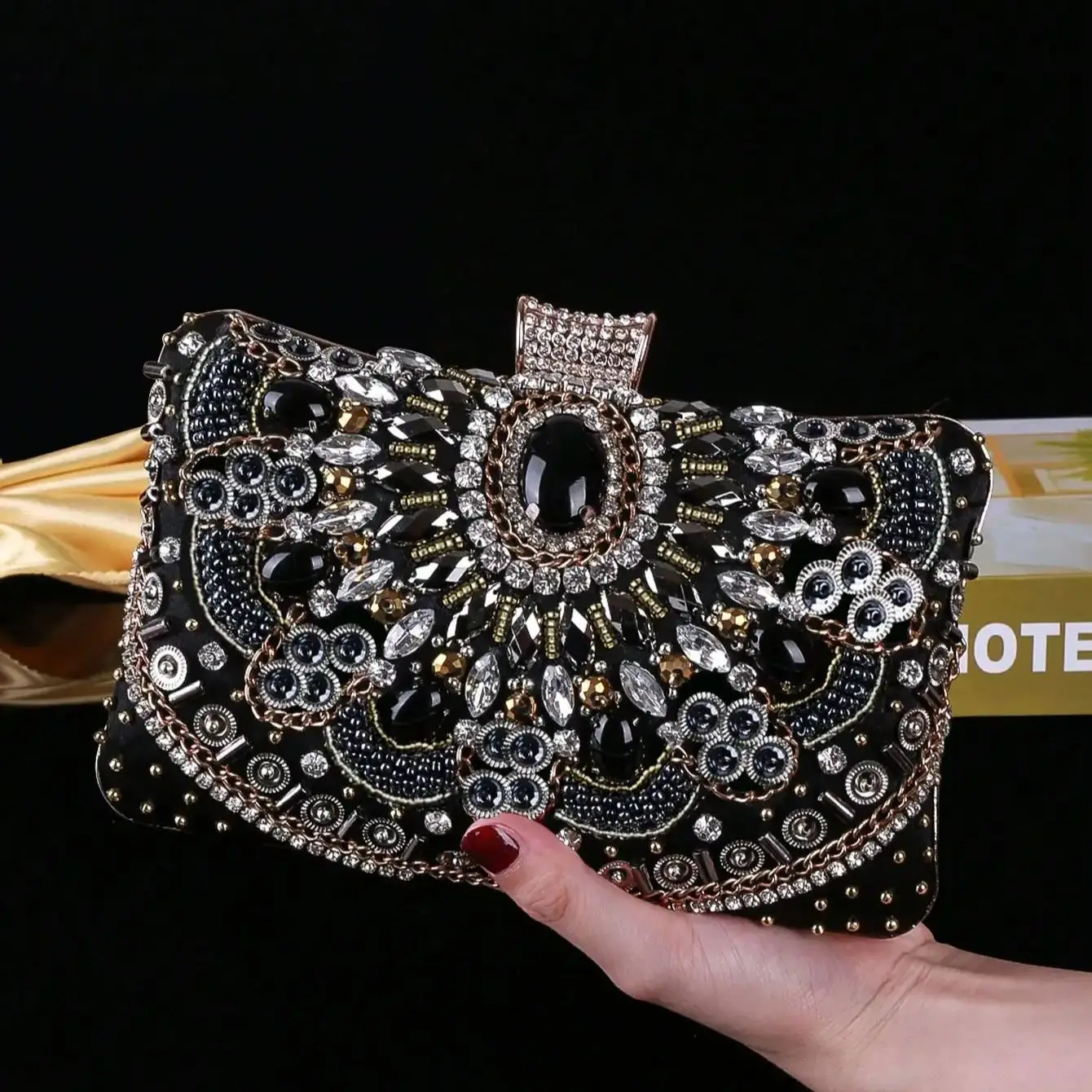 

Embroidery Women Clutch Bags Beading Party Small Evening Bags Black Color Satin Lady Handbags