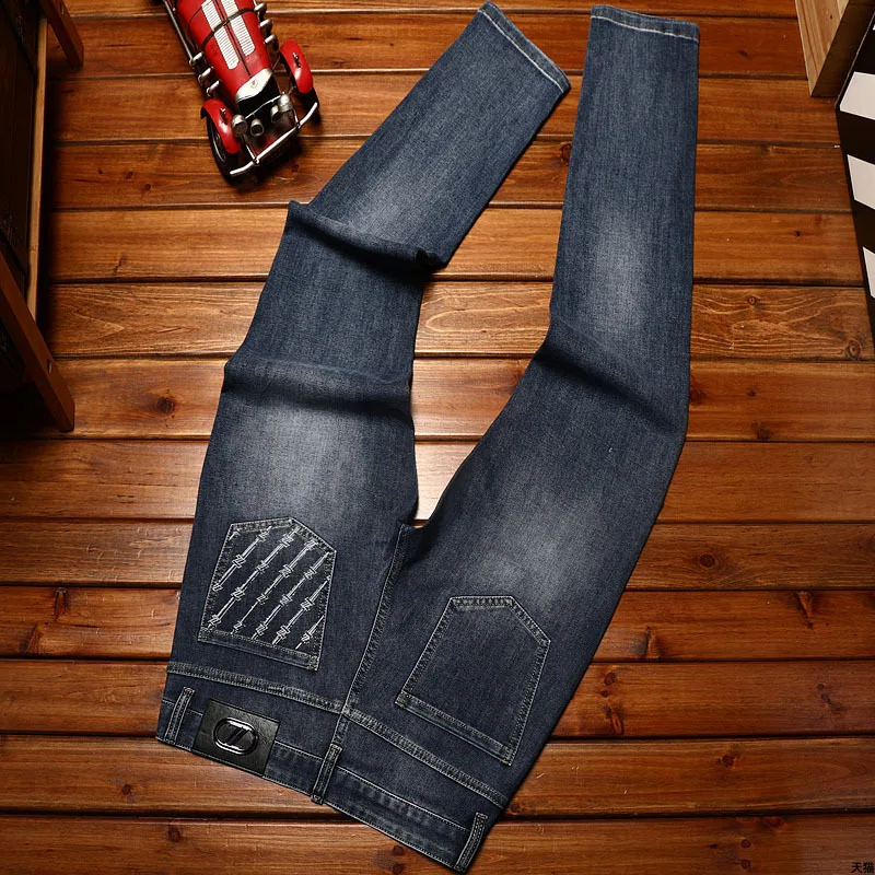 Lichte Luxe Bedrukte Modieuze Jeans Heren Stretch Slim Fit Skinny High-End Kwaliteit Trendy Casual All-Matching Broek