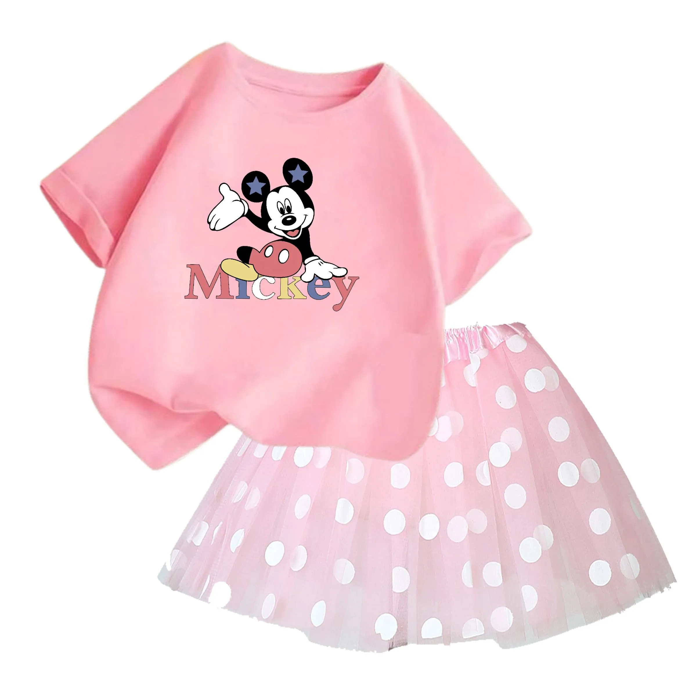 Summer Girls Disney Short Sleeve Top + Gauze Skirt Set Cartoon Cute Girls Princess Skirt Set Casual Set Girls Pompadour Skirt