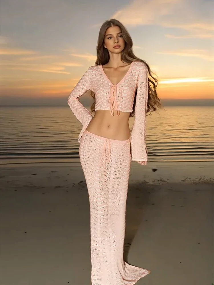 

Sexy Knit V-neck Long Sleeve Lace-up Top Beach Half Skirt Two-piece 2025 Summer Women's Casual Outfit Swimsuit Cover Up Set K192