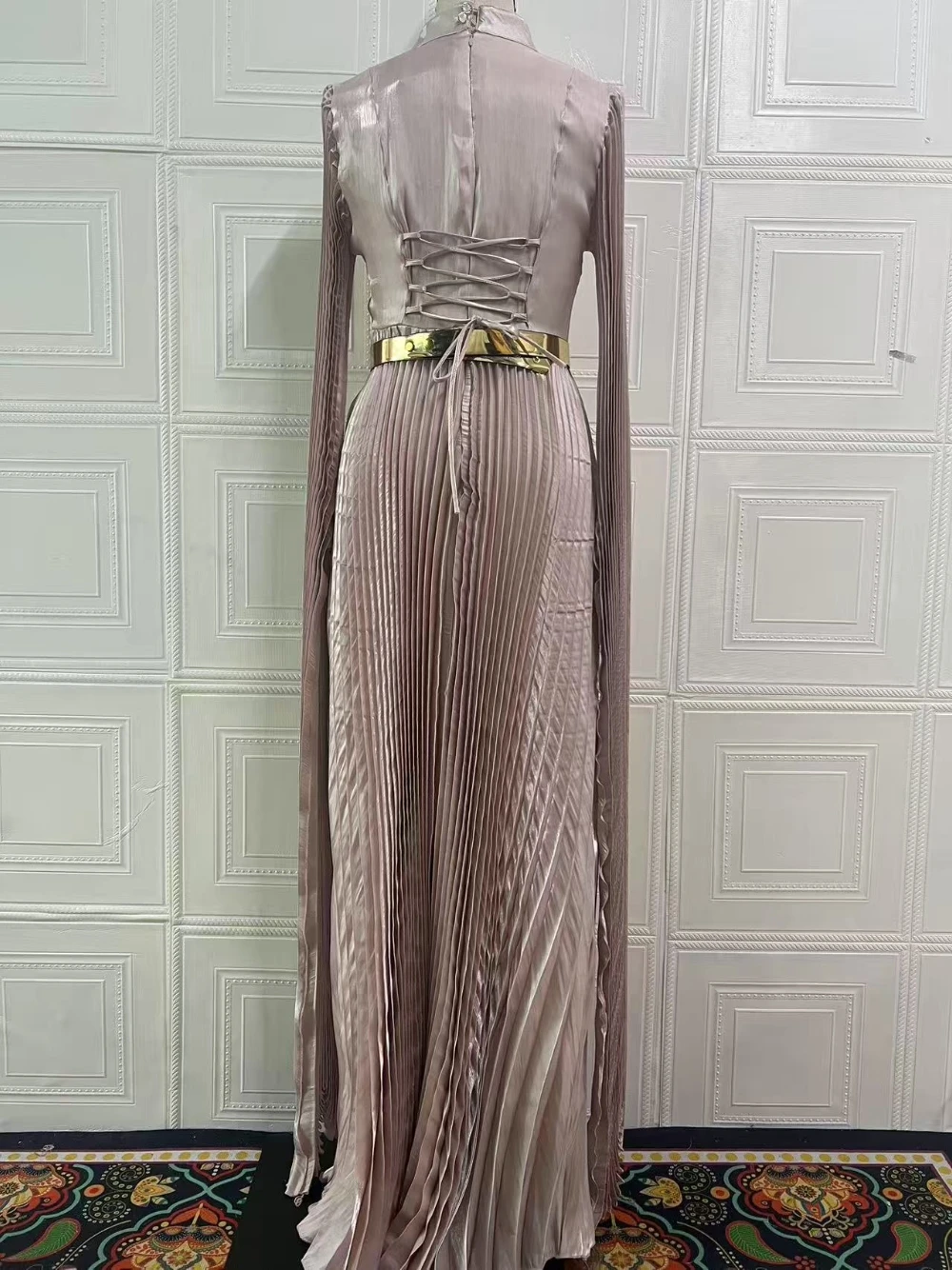 Abaya Cap manches robe de soirée plissée caftan à lacets dos Banquet femmes robe de bal avec ceinture dorée élégante une ligne tenue de fête