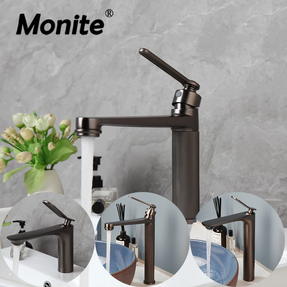 

Monite Bathroom Luxury Gray Basin Faucet Solid Brass Hot And Cold Water Deck Mounted Single Hole & Handle Tall Mixer Tap