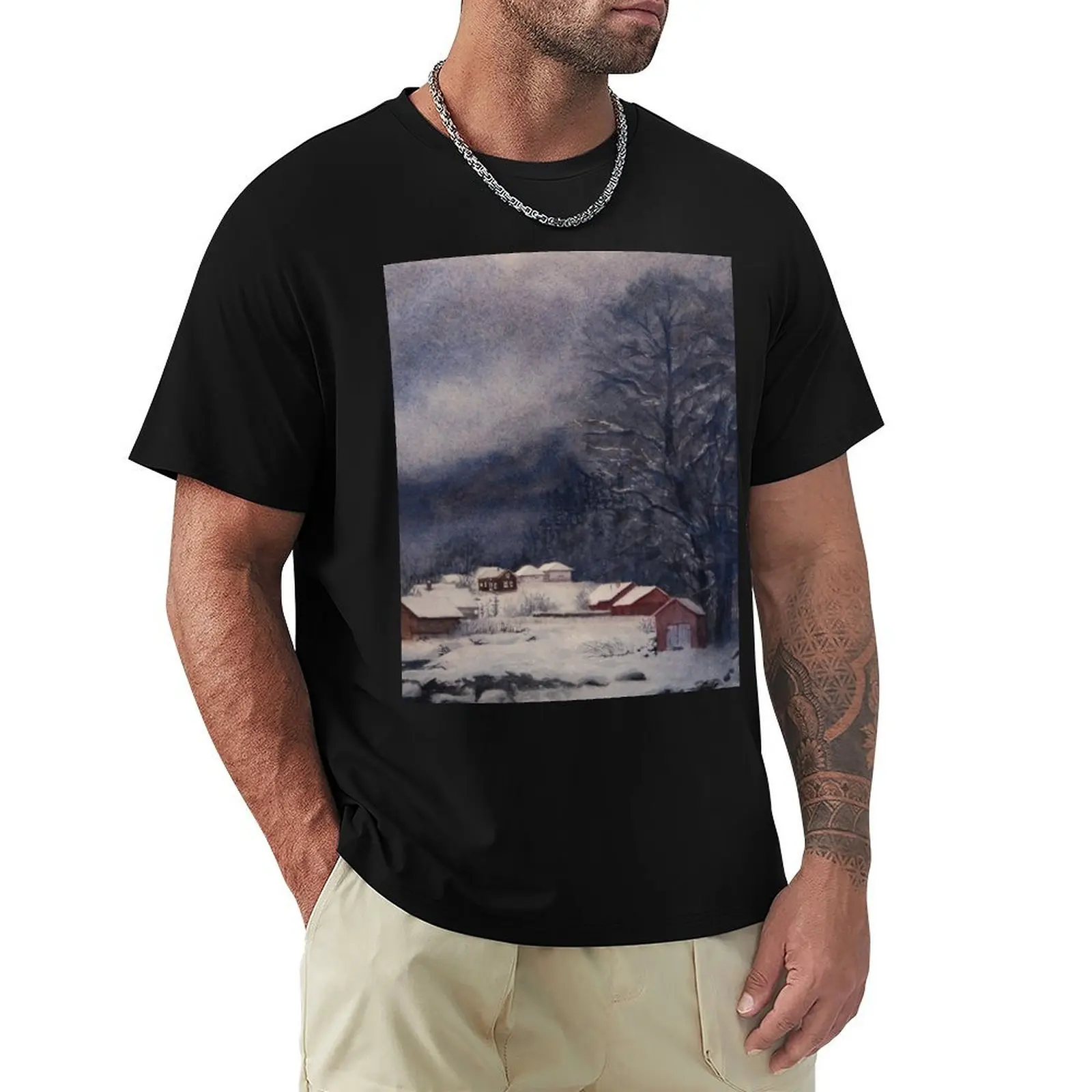 

Dark Winter Silence, houses covered by snow on the coast. Watercolour landscape T-Shirt cheap stuff t shirt men 100℅ cotton